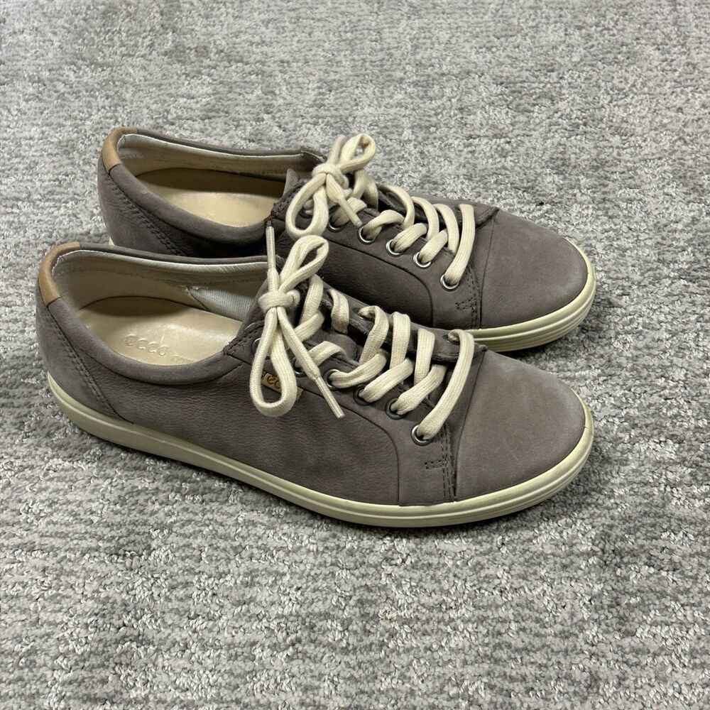 ECCO Soft 7 Sneakers Womens 39 8 Taupe Gray Suede Leather Low Top Lace Up Shoes